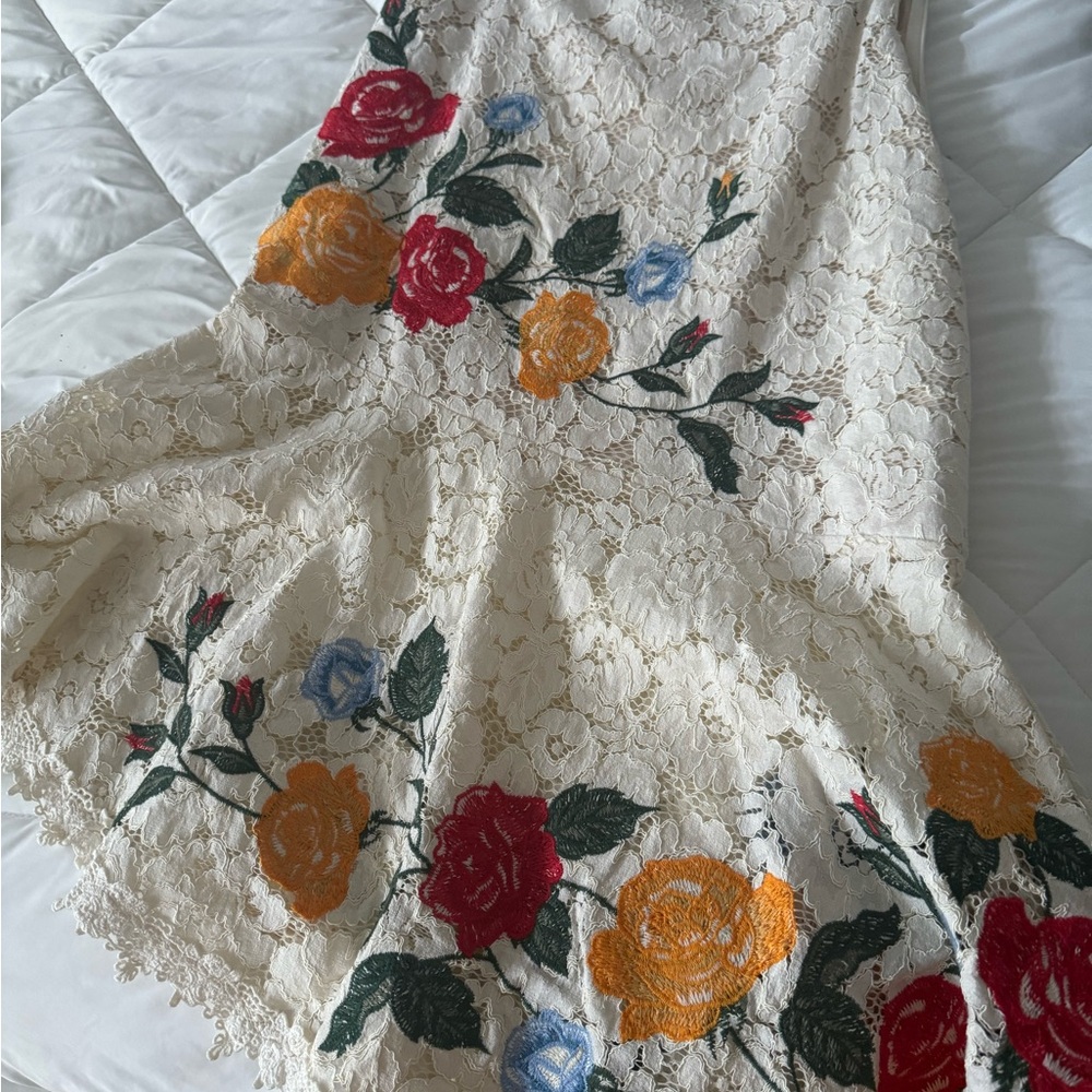 Floral Lace Dress with Red and Orange Roses